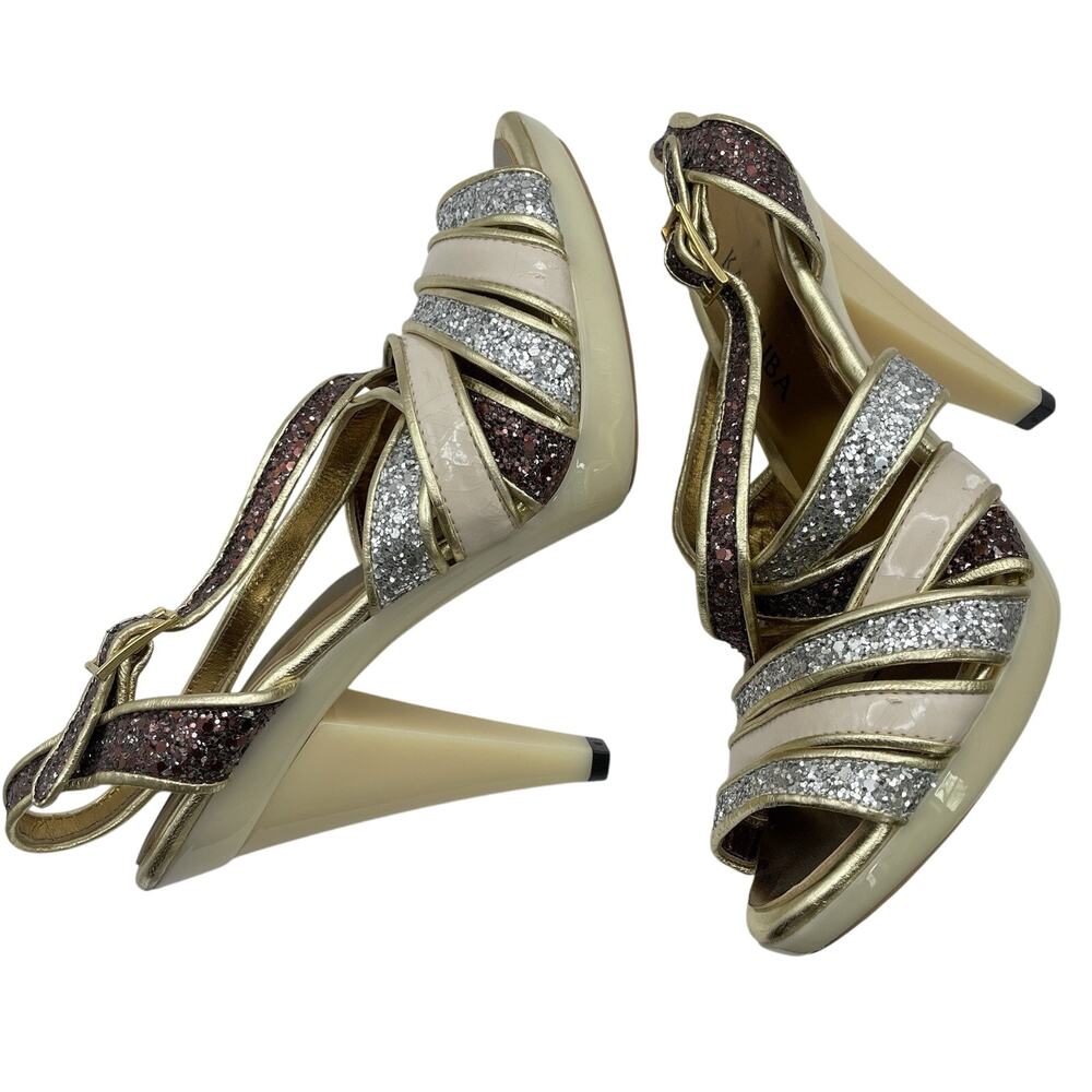 Kate Kuba Size 7 Glitter High Heels Silver Gold‎ Open Toe 4 inch Women's Shoes